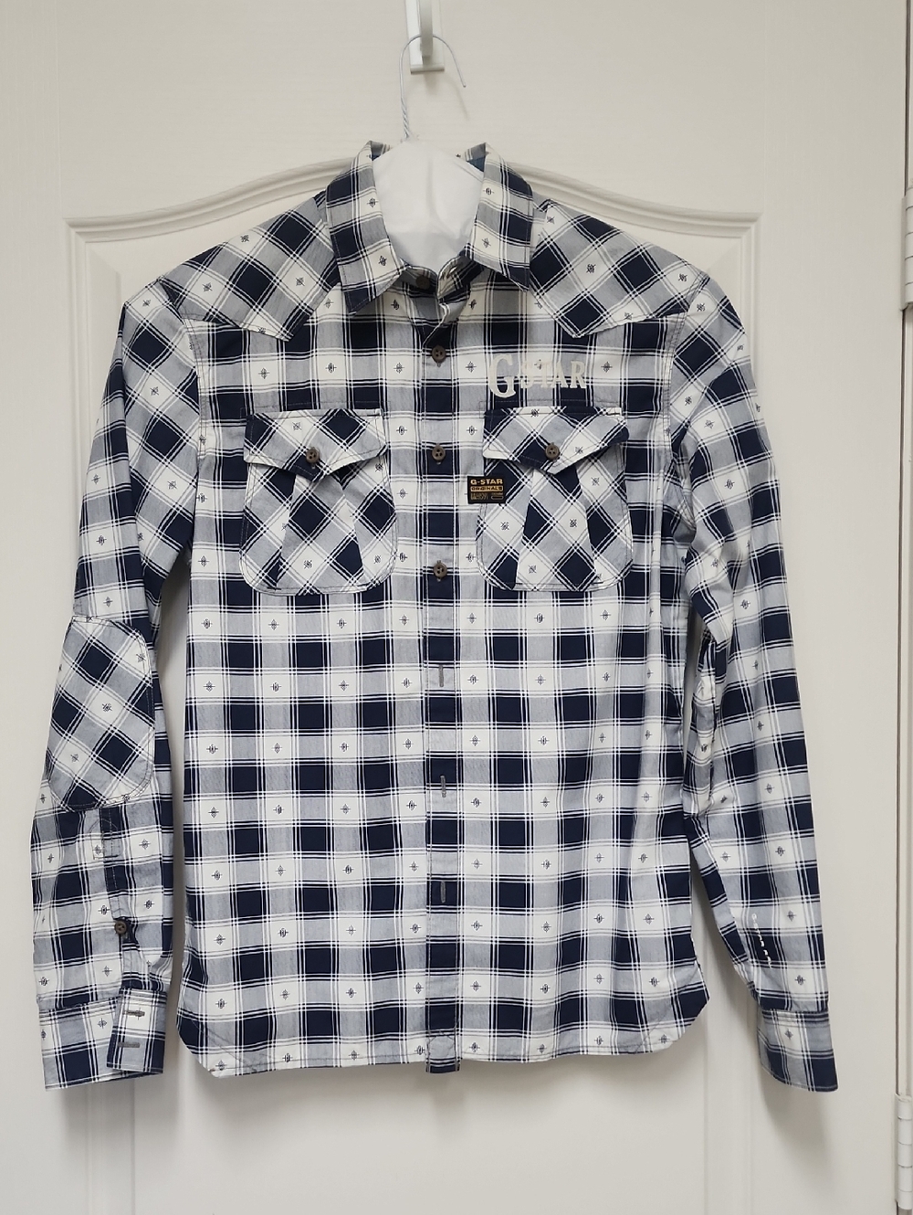 G-Star Navy and White Plaid Long-Sleeve Button Shirt